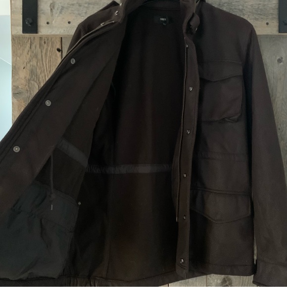 Women’s XL OBEY PROPAGANDA MILITARY SPEC Brown Leather Look Cargo Jacket Hood EC - Picture 13 of 16